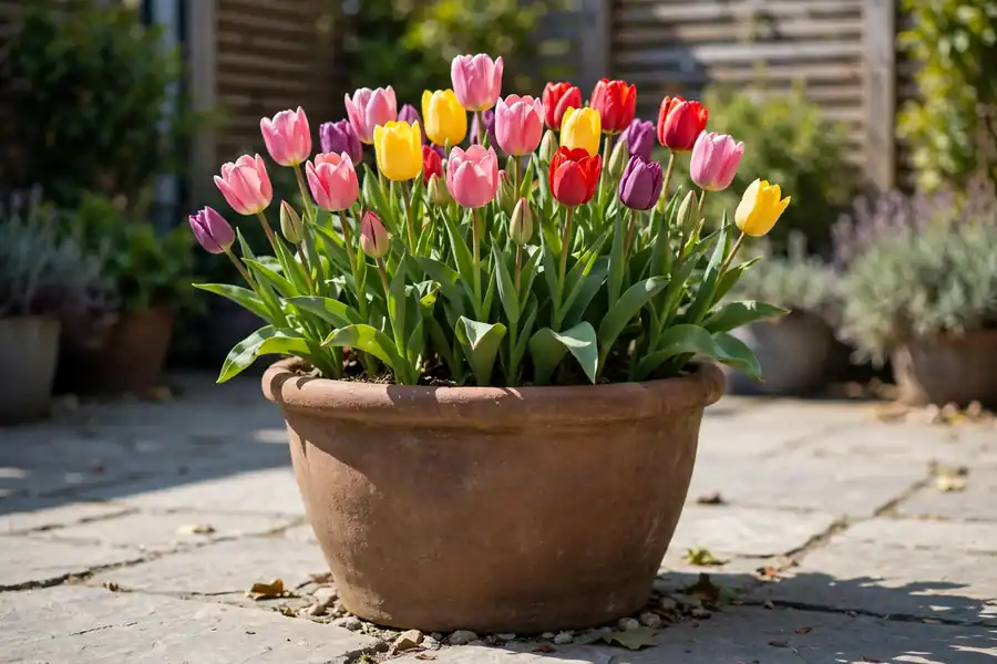 Tulips blooming in a large pot on a patio
