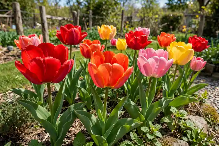 Large Darwin hybrid tulips blooming in a garden