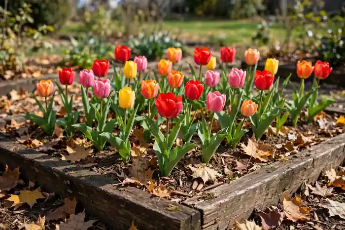 Tulips blooming in a fall-planted garden bed