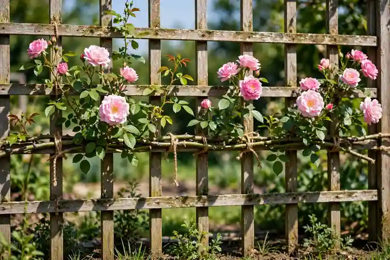 Climbing rose tied close to horizontal on a trellis