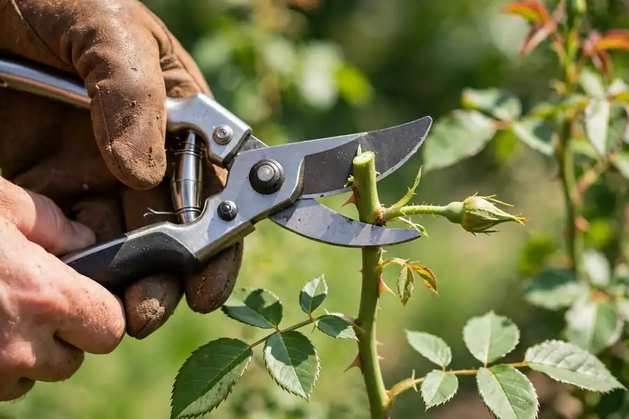 Pruner cutting a rose cane just above an outward bud