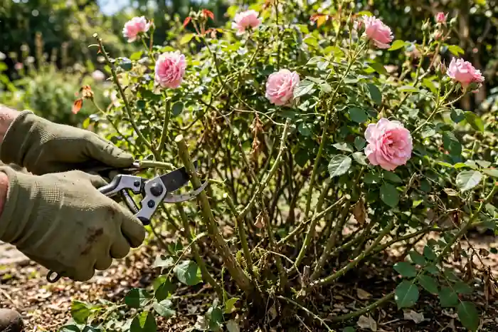 Overgrown rose being thinned with pruners