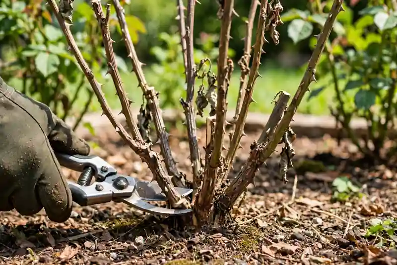 Dead rose canes being cut out at the base