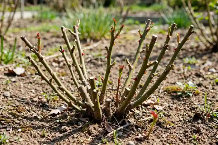 Hybrid tea rose pruned low in early spring