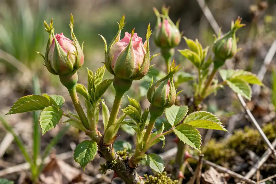 Rose buds swelling in early spring