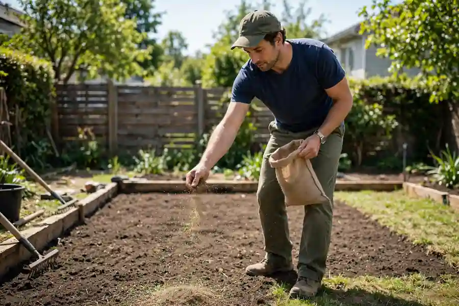 Person spreading grass seed over a prepared lawn