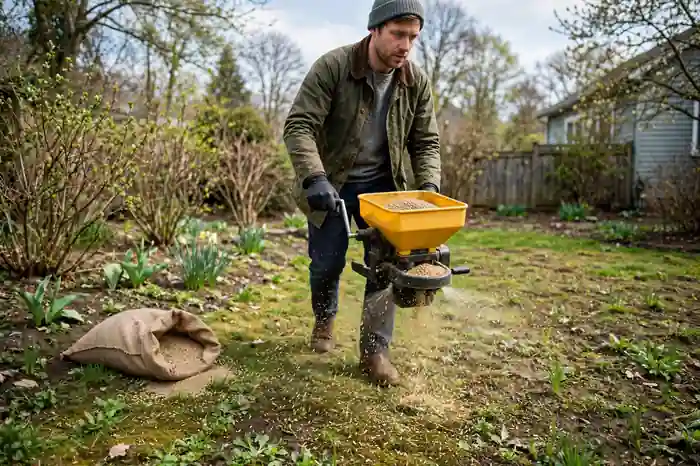 Lawn being seeded in cool spring weather