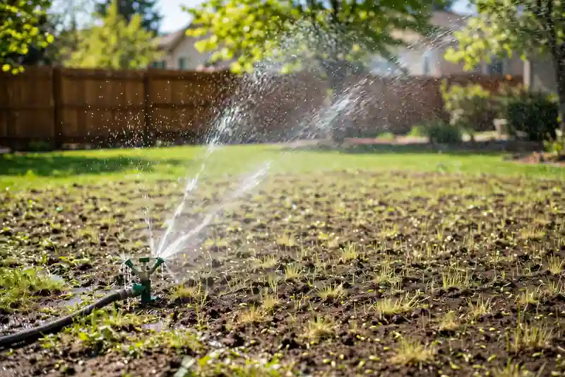 Sprinkler watering newly seeded lawn