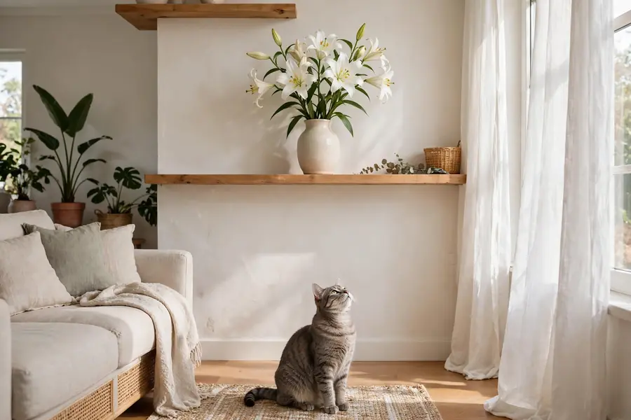 Vase of white lilies on a high shelf with a cat sitting on the floor below
