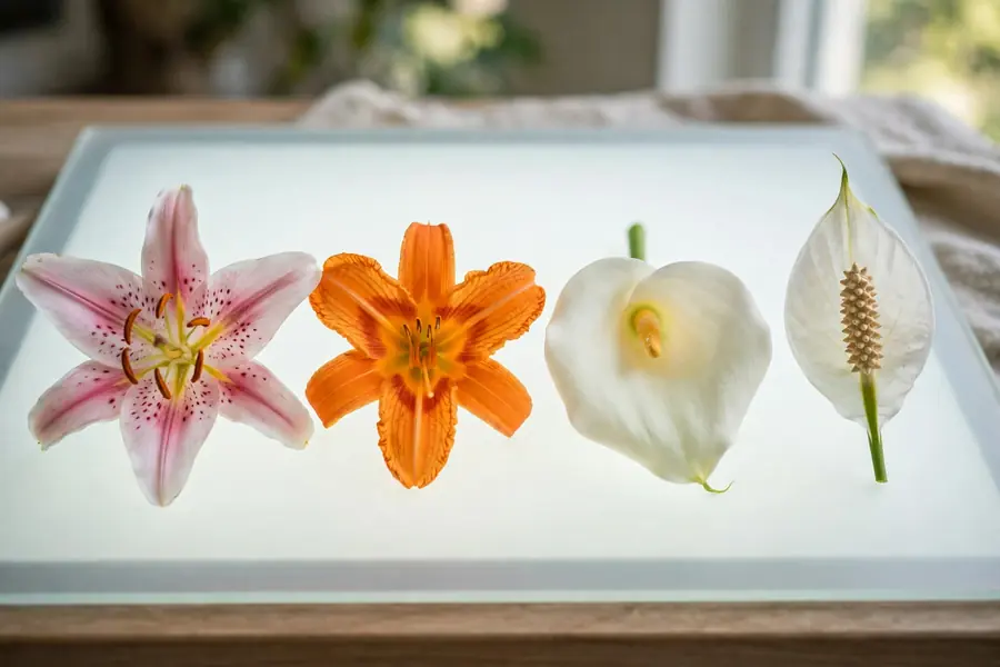 A true lily, a daylily, a calla lily and a peace lily side by side