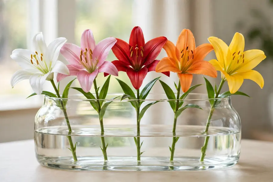 Cut lilies in white, pink, red, orange and yellow in a glass vase