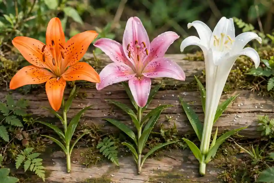 Orange Asiatic lily, pink Oriental lily and white trumpet lily side by side