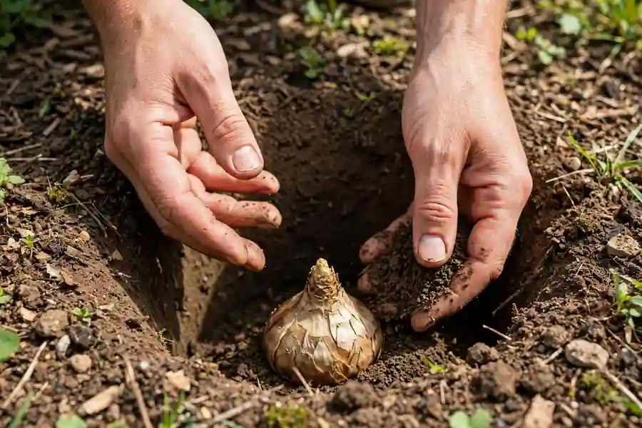 Hands placing a scaly lily bulb pointed end up into a planting hole