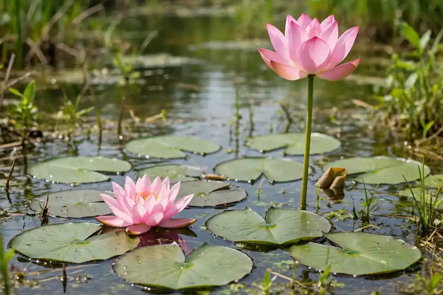 Pink water lily on floating pads next to a tall lotus flower on a pond