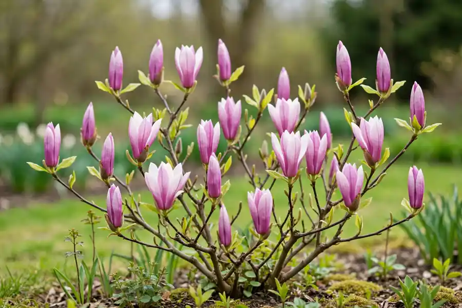 Jane magnolia with tulip-shaped pink-purple flowers on a small tree