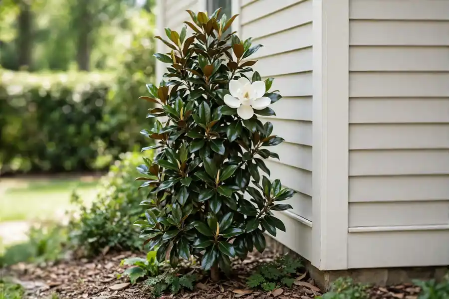 Compact Little Gem magnolia with glossy leaves and a white flower beside a house