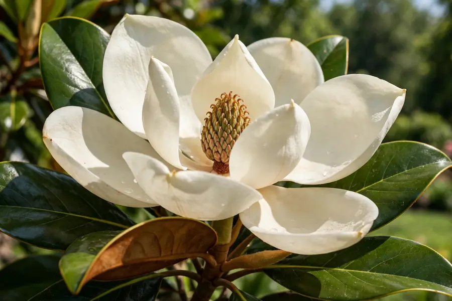 Large white southern magnolia flower with glossy dark green leaves