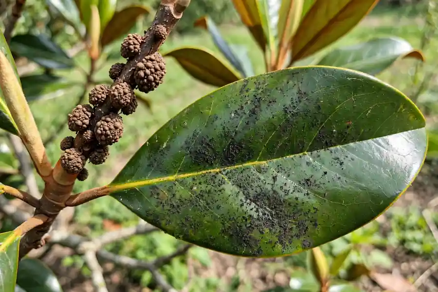 Magnolia twig with scale insects and a leaf with black sooty mold
