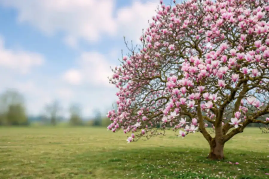 Saucer magnolia tree in full bloom with pink and white flowers on bare branches