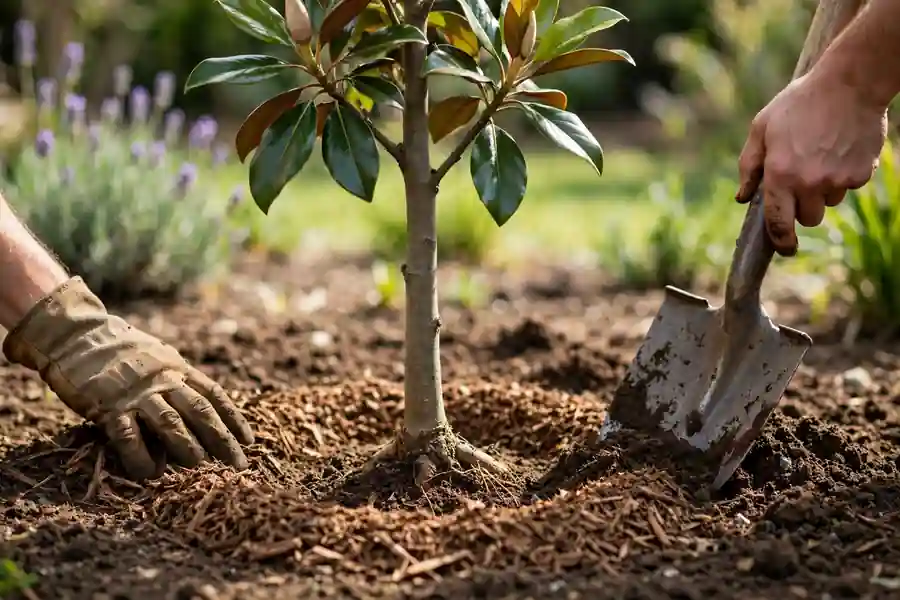 Young magnolia tree planted with the root flare level and a mulch ring