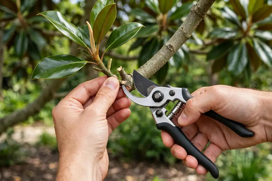 Hands pruning a small magnolia branch just outside the branch collar