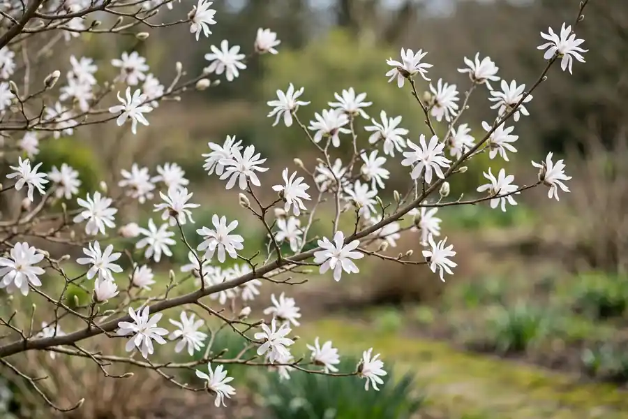 Star magnolia in early spring with narrow white petals on bare branches