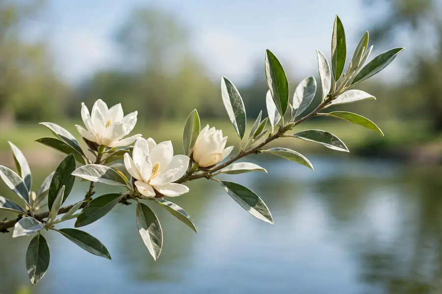 Sweetbay magnolia with creamy white flowers and silvery green leaves