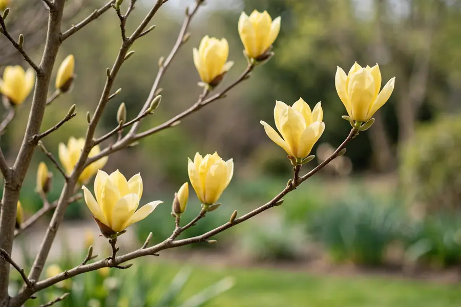 Yellow magnolia hybrid in bloom with soft yellow cup-shaped flowers