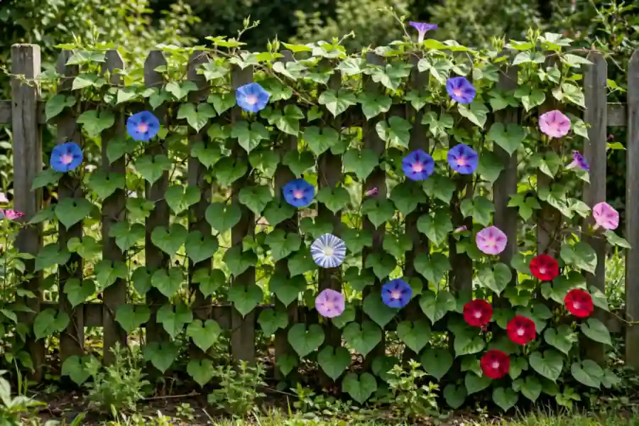 Fence covered in blue, purple, pink, red and striped morning glory flowers