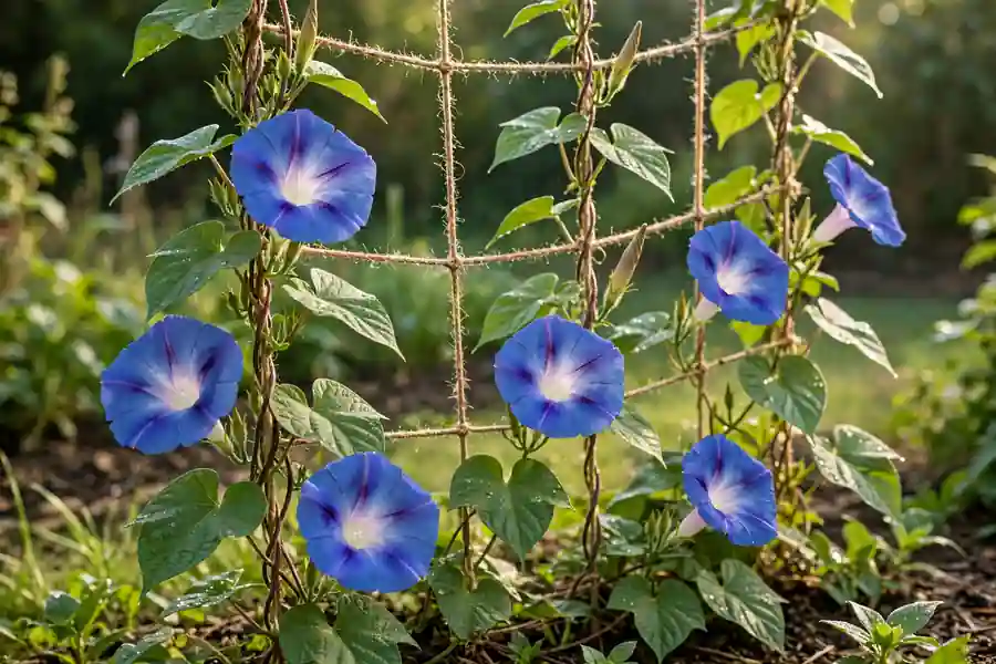 Blue-purple morning glory flowers blooming on a vine climbing a string trellis