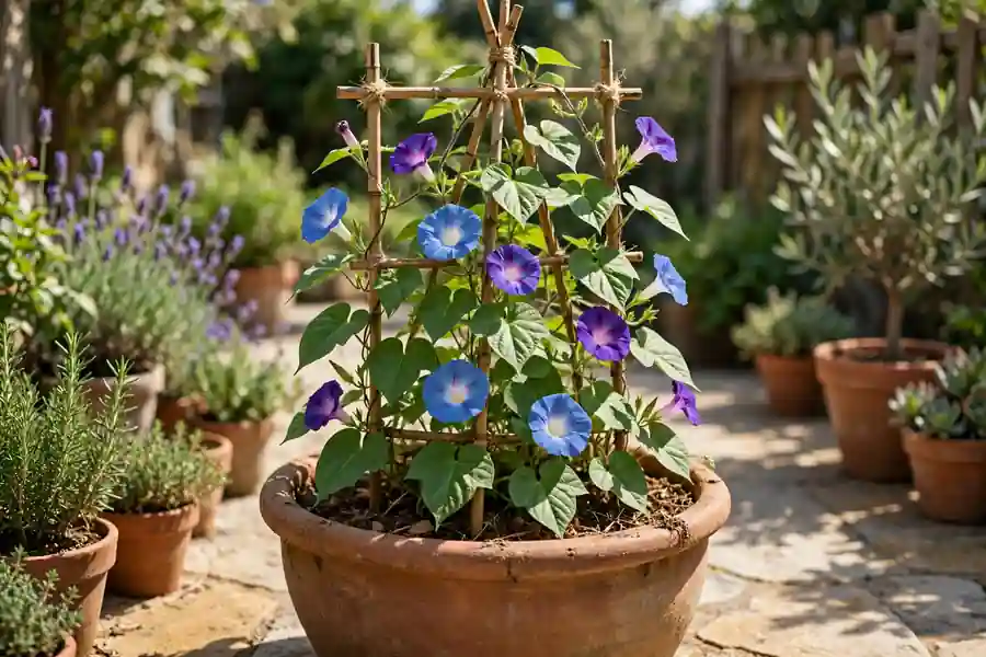 Large pot with bamboo trellis and blooming morning glories on a patio