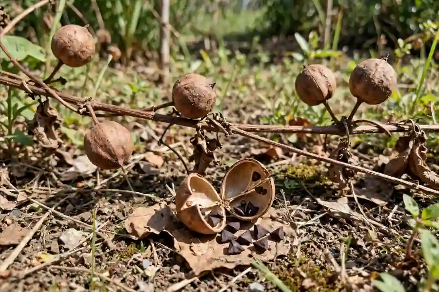 Dry brown morning glory seed pods with one pod open showing dark seeds