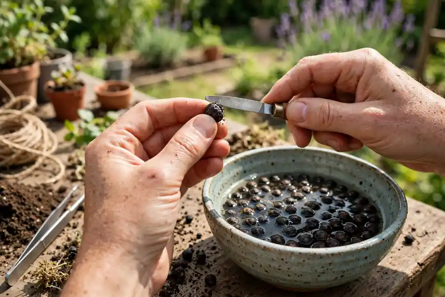 Hands nicking a hard morning glory seed beside a bowl of soaking seeds