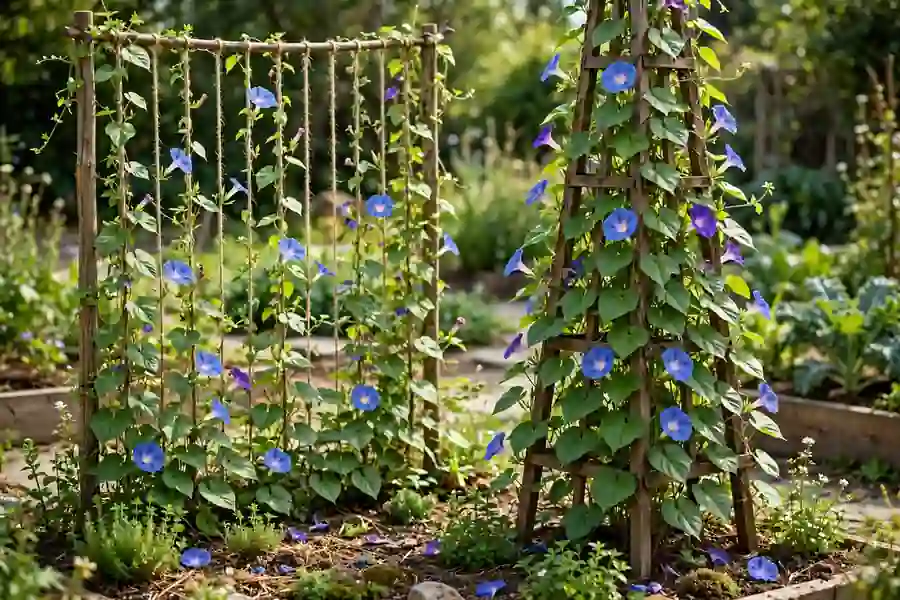 Morning glory vines blooming on a string trellis and an obelisk in a sunny bed