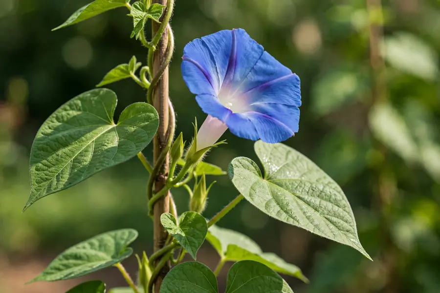 Heart-shaped morning glory leaves and a twining stem wrapped around a support
