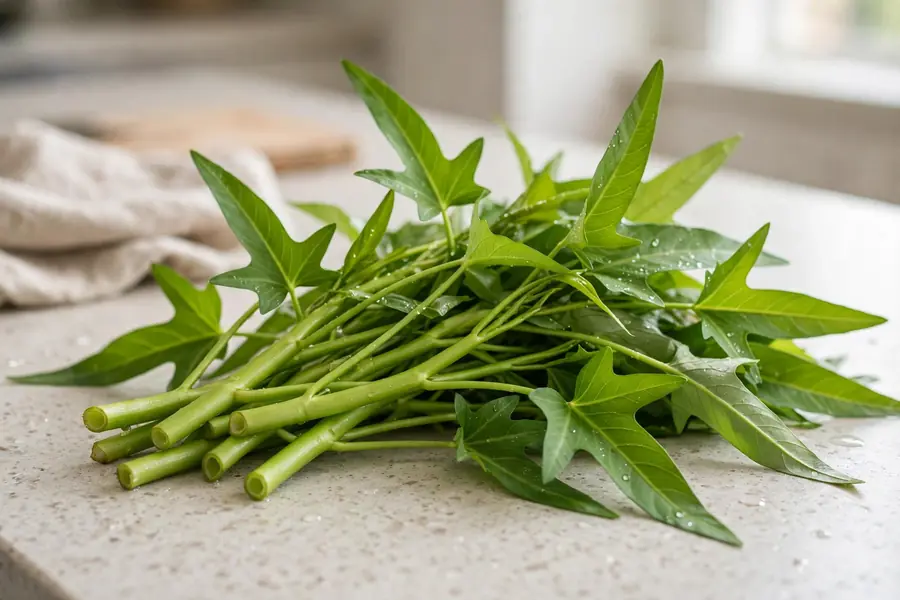 Bunch of fresh water spinach with hollow stems and arrow-shaped leaves