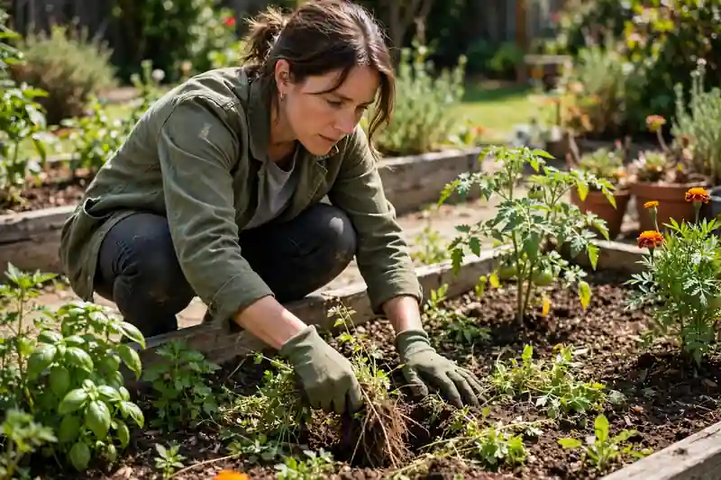 Person pulling weeds by hand in a garden bed