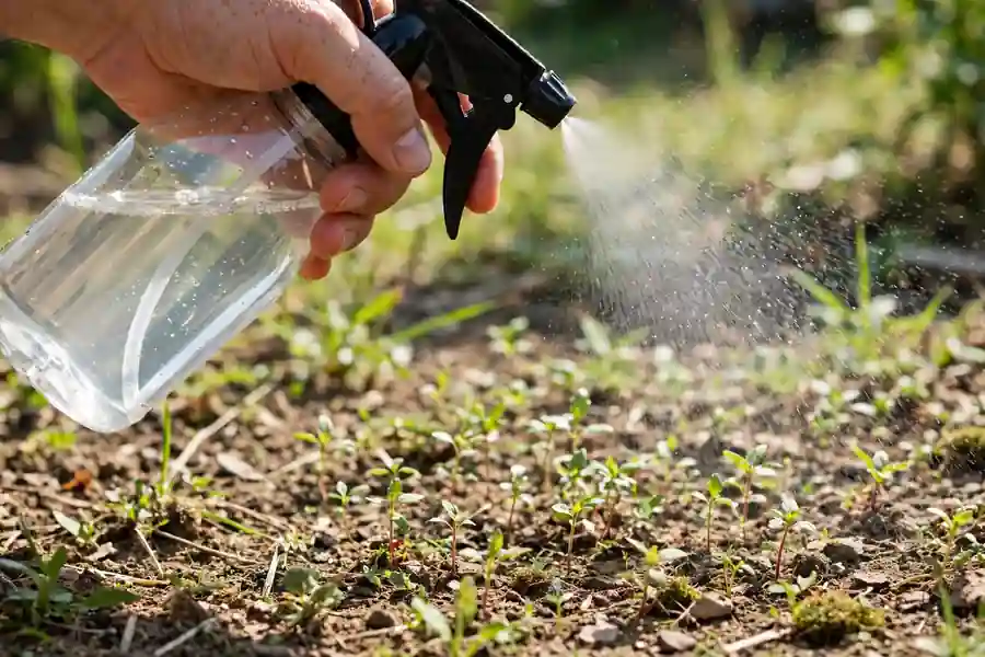 Spray bottle of vinegar solution held over small weed seedlings