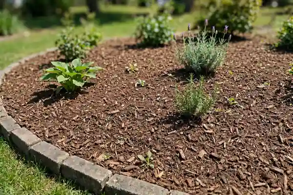 Mulched garden bed with few weeds
