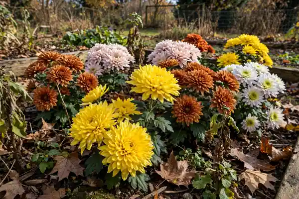 Chrysanthemums blooming in a November garden