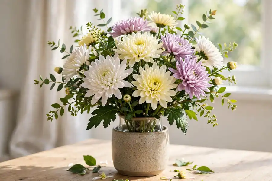 Fresh bouquet of chrysanthemums in a vase