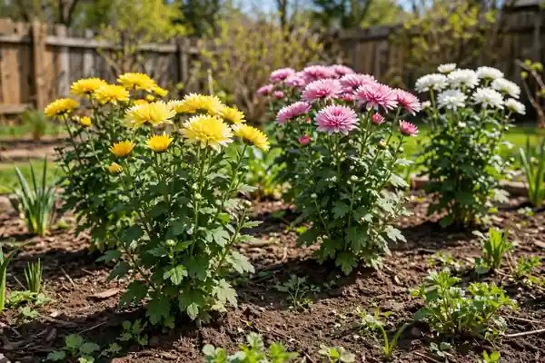 Garden mums planted in sun in spring