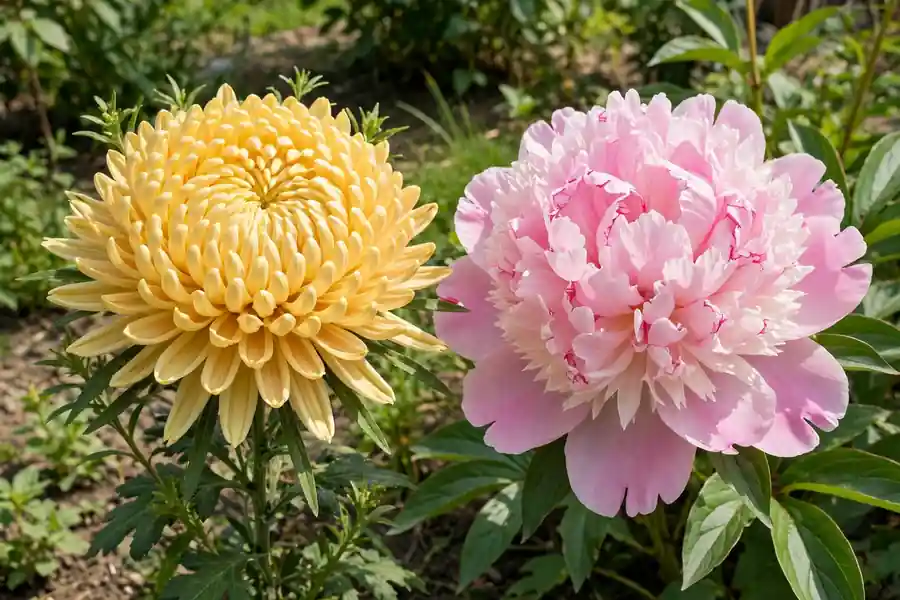 Chrysanthemum and peony side by side in a garden