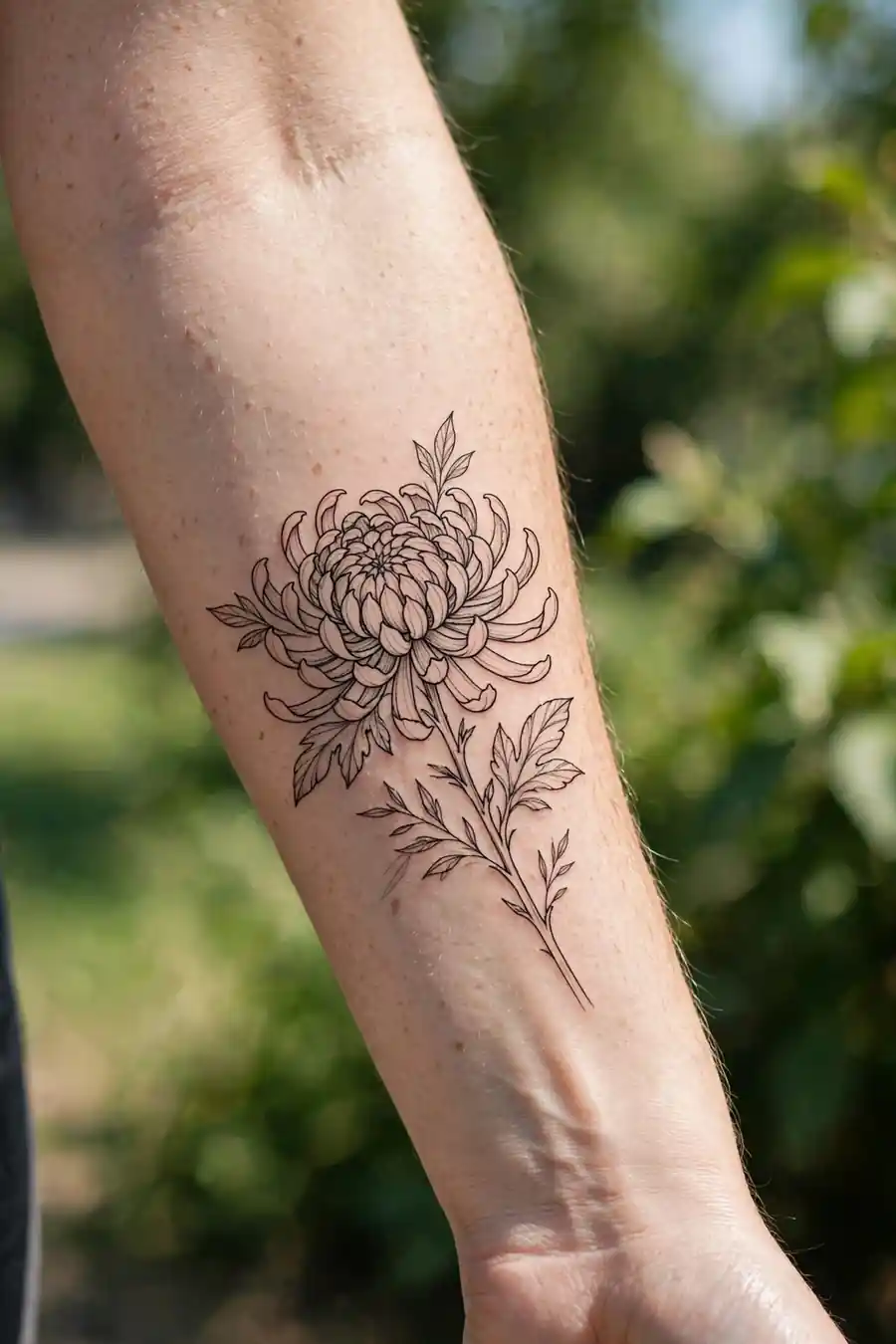Fine line chrysanthemum tattoo on an arm