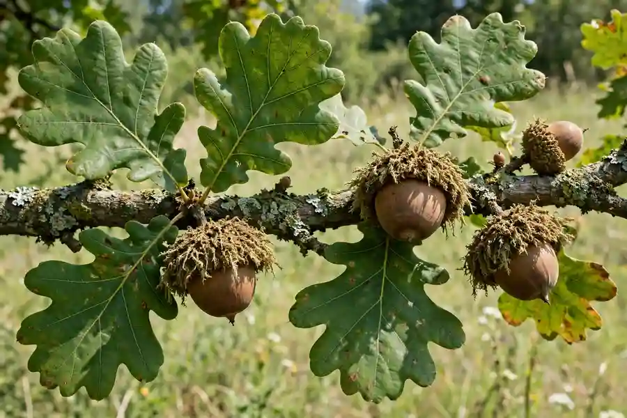 Bur oak branch with large fringed-cap acorns and lobed leaves