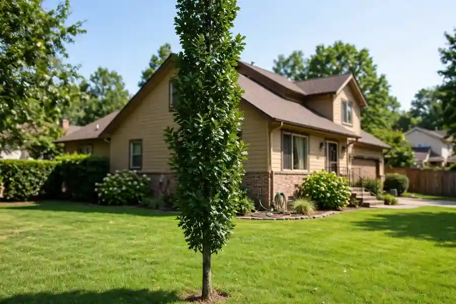 Narrow columnar oak tree planted in a residential yard