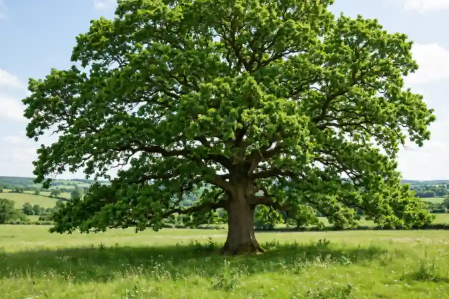 Large mature oak tree with a broad spreading crown in summer