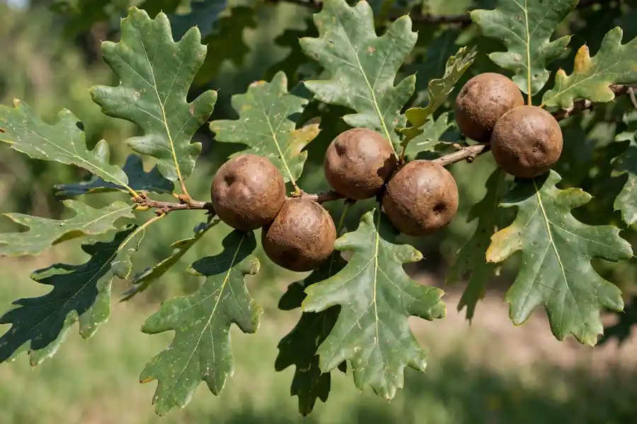 Round brown galls on an oak twig and leaf