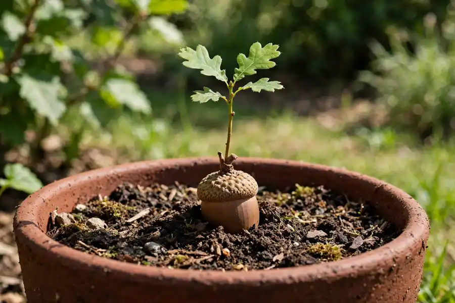 Young oak seedling sprouting from an acorn in a deep pot
