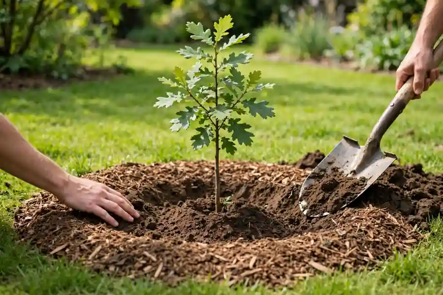 Young oak sapling planted in a lawn with a wide mulch ring